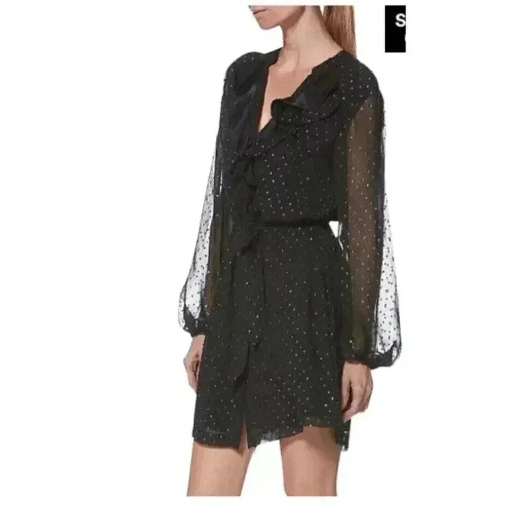 Paige Isabelle Black Shimmer‎ Dot Printed Sheer Sleeve Dress Whimsy Fairy Large